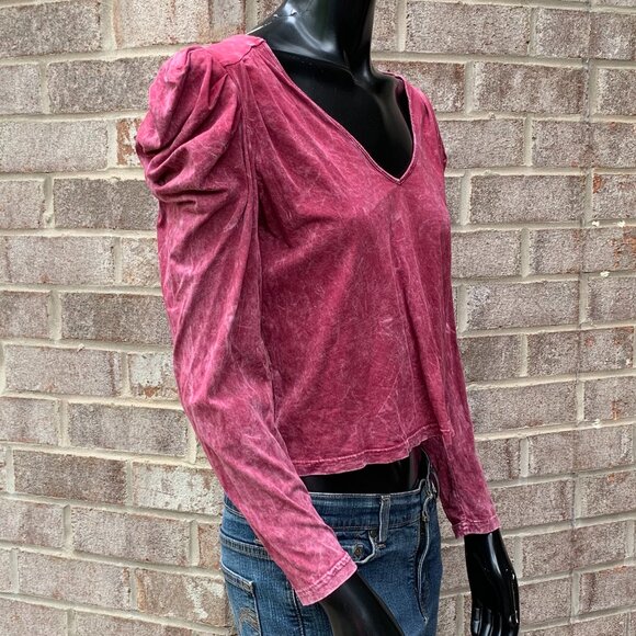 7 For All Mankind Puff Shoulder V-Neck Long Sleeve Stone Washed Cropped Top Sz S - Picture 7 of 12